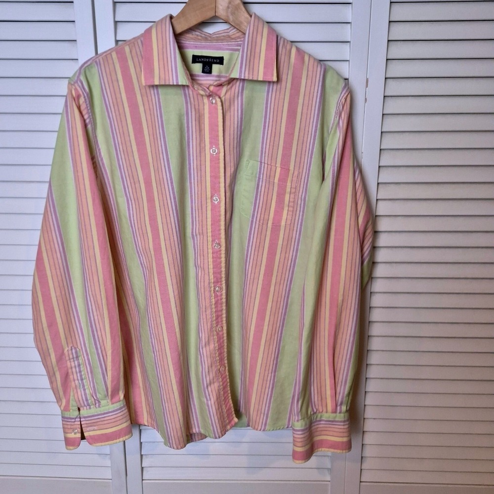 Lands' End‎ Striped Button-Up Shirt Pastel Colors 100% Cotton Long Sleeve Top XL